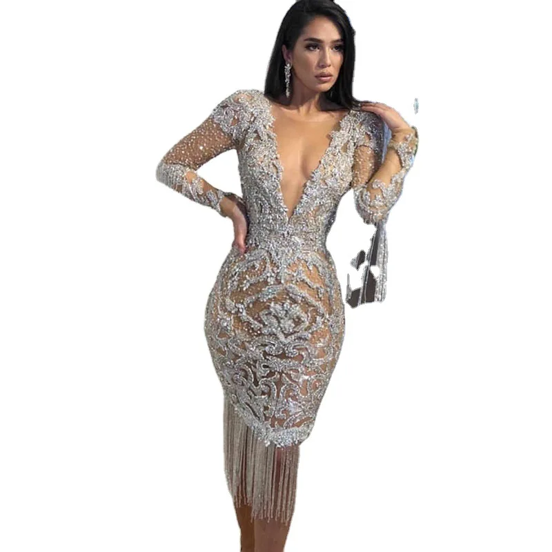 Tassel Solid Color Sliver Long Dinner Women Party Sexy Shinny Evening Dresses