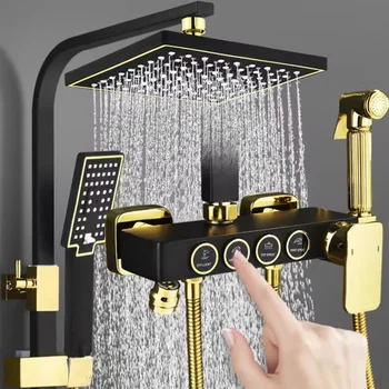 Bathroom Shower System Black Gold Mixer Faucet Hot Cold Bathroom Tap Shower Set