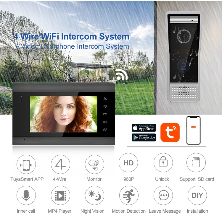 Bcom visible door phone supplier wifi 4 wire sensor button visual interphone system tuya wired video intercom with door bell
