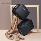 Case Rownyeon Custom Logo Black Saffiano Leather Hard Portable Square Vanity Organizer Cosmetic Case