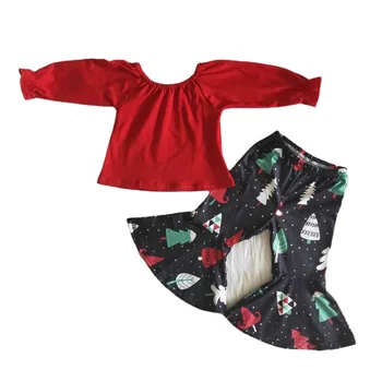 Christams tree red top pattern boutique ruffles bell-bottoms wholesale RTS NO MOQ baby western outfit high quality girls sets
