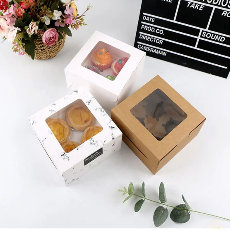 Top Quality Mini Cake Box with Window 2 4 6 Egg Tart Packaging Box Kraft Paper Muffin Cupcake Box with Inner Tray