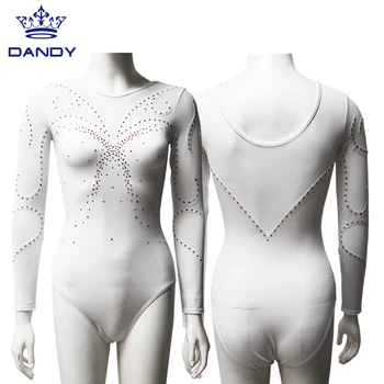 New custom sublimation girl full white long sleeve gymnastics leotards with rhinestone for dance competition