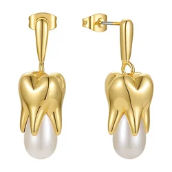 High Quality 18K Gold Plated Brass Jewelry Tooth Imitation Pearl Accessories Drop Earrings E211285