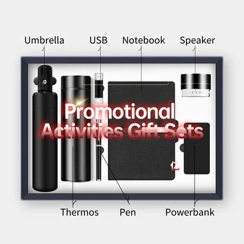 Corporate gifts souvenir for guests custom logo notebook diary with pen and flask+umbrella+USB+power bank Gift Sets