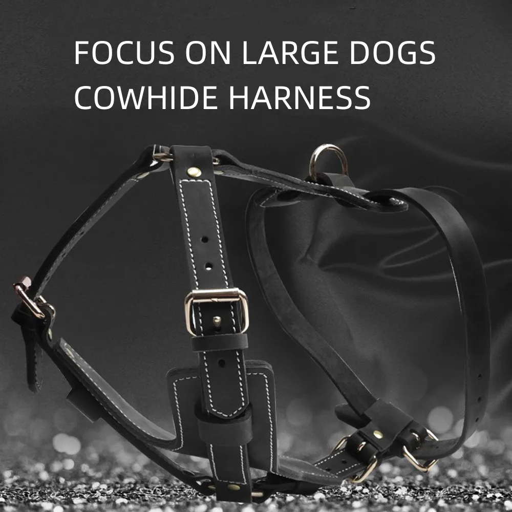 Adjustable Black Cowhide Pet Harness Leather Durable Dog Leash Collar For Large Dogs