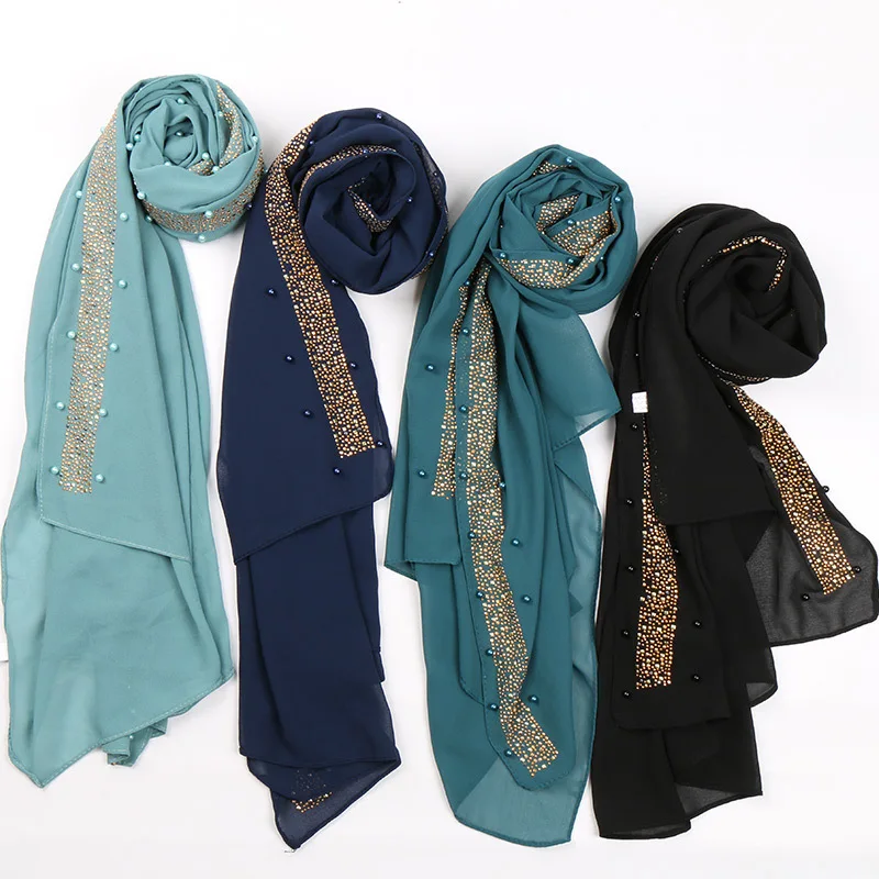 Women's Rhinestones Pearl Chiffon Hijab Long Scarf Muslim Scarves Wrap Shawl 1X 