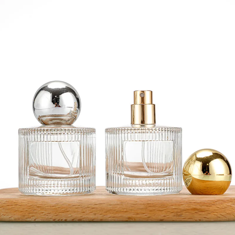 In-stock For Fast Shipping: 50ml Flat Shoulder Round Striped Glass Perfume Bottle With Gold Or White Cap