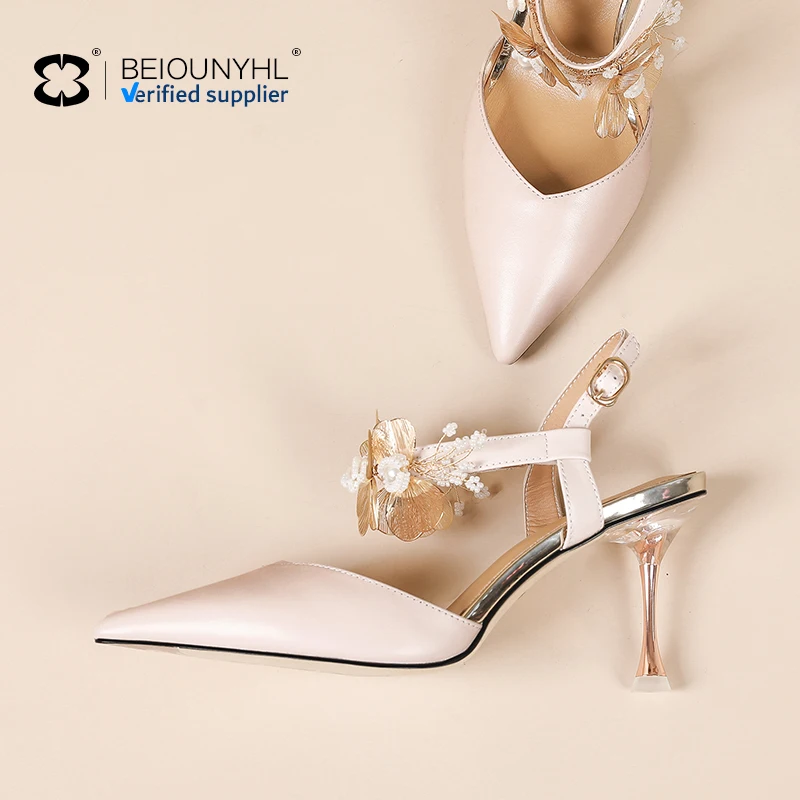 2024 Summer Nude Colors Shallow Pointed Toe Slip-on High Heels Shoes Trendy Party Thin Heel Rhinestone Heeled Sandals For Women