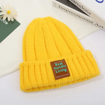 custom mens knit fashion yellow patch acrylic caps for men two tone unisex label logo winter beanie hats