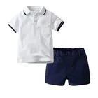 Boy White Short Sleeved Polo Shirt Woven Shorts 2 Piece Lapel Shirt Shorts Summer Boy Suit