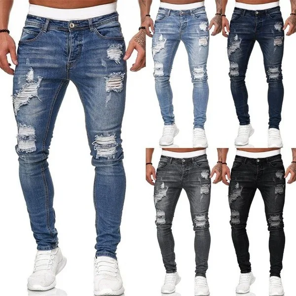 Fashion Hip Hop Streetwear Skinny Ripped Damage Trousers Scratch Distressed Denim Mens Designer Clothing Men's Jean Pant For Men