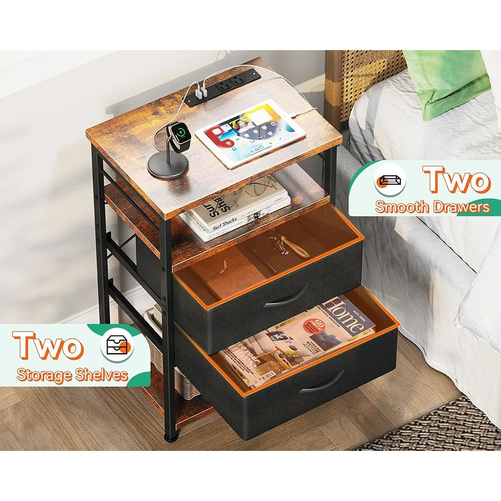 Modern 4-Tier Storage Bedside Nightstand Tall Night Stand with Charging Station and Drawers for Home Bedroom End Table factory
