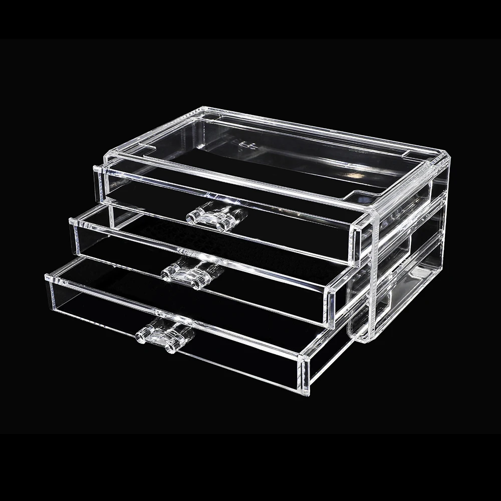 Makeup Organizer Stackable Acrylic Cosmetic Organizer Golden Edged with 3 Drawers Jewelry Box Organizer Stackable Clear Desktop