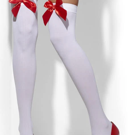 White Sexy Hold Up Tights With Red Bows 