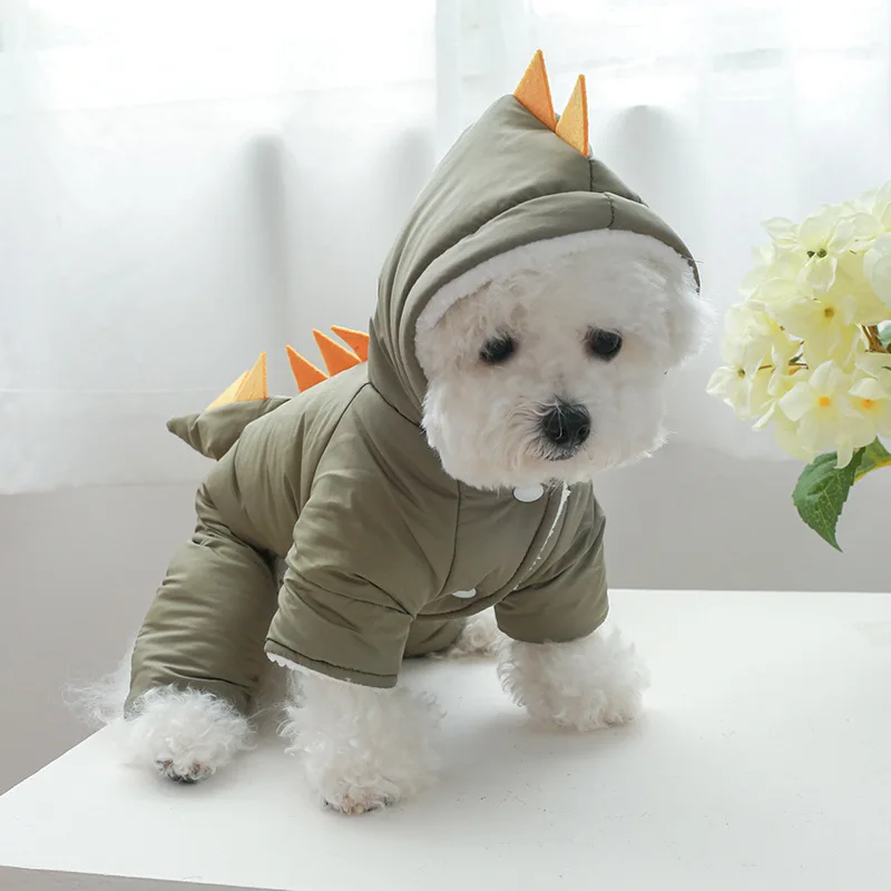 Cute Dog Luxury Clothes Green Yellow Dinosaur Dog Coats Pet Clothes Winter Warming Proof Wind Dog Apparel Clothes manufacture