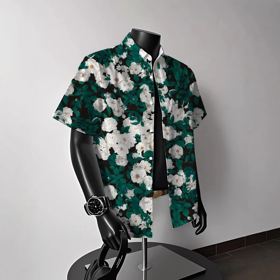 Men's Hawaiian Floral Short-Sleeve Shirt - Summer American Retro Ideal for Thai Getaways Beach Outfits & Coastal Styles
