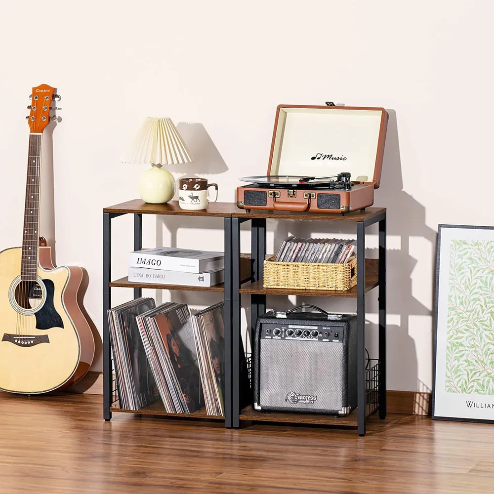 3-Tier Brown Records Storage End Table Wooden Metal Turntable Stand Living Room Bedroom Coffee Tables Record Player Stand factory