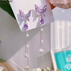 Earrings Silver Women Crystal Diamond Sparkling Tassel Long Purple Butterfly Earrings 925 Silver Earrings