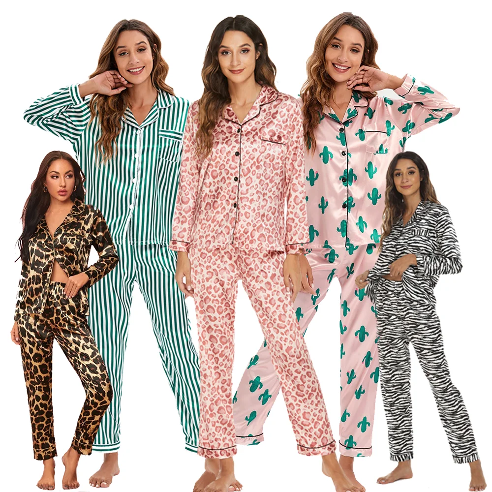 Summer wholesale women's short sleeve 2 pieces pajamas set with pink leopard cactus print sleepwear nightwear sets