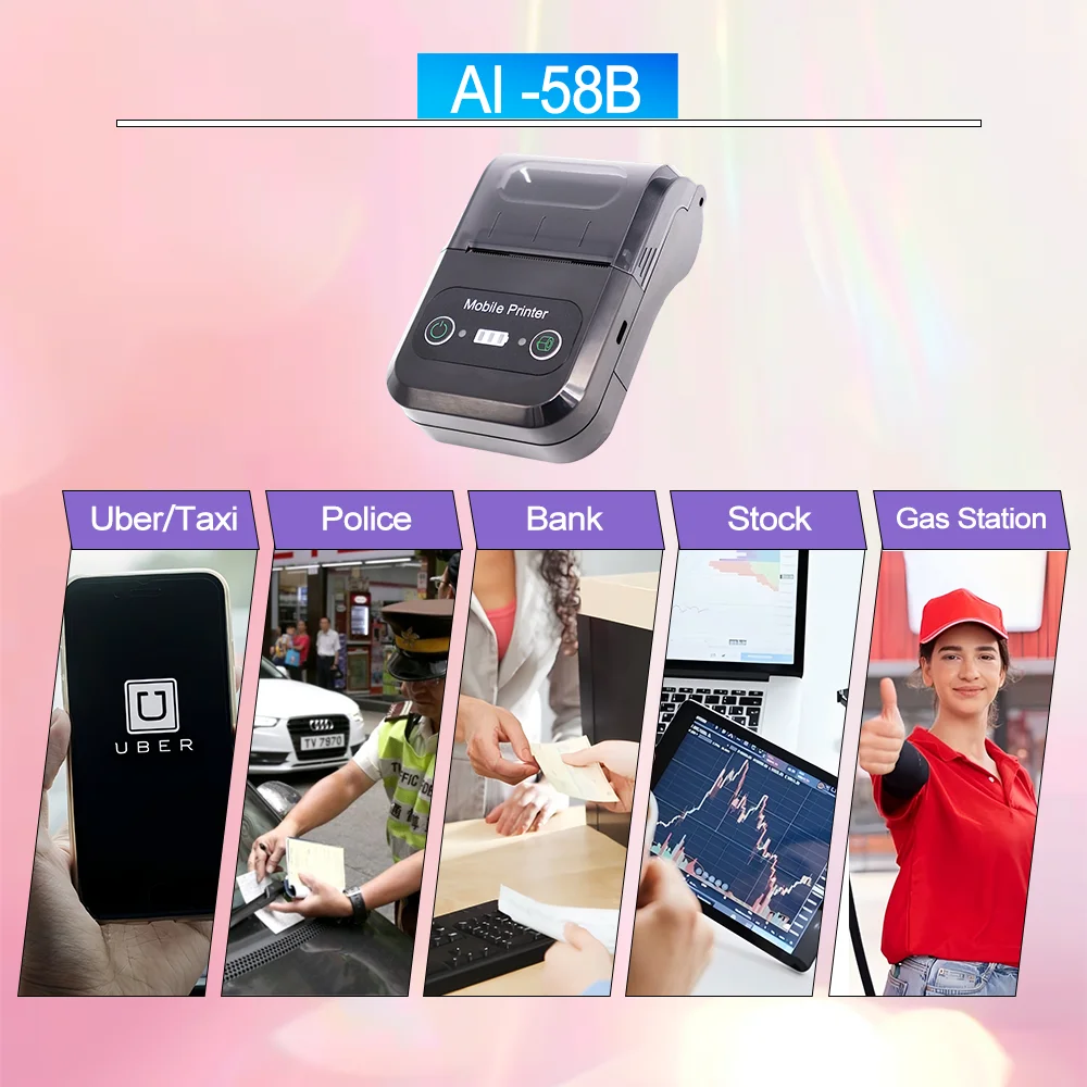 AIXW Android IOS 58mm Bluetooth Receipt Printer Connection with Battery 2 inch Mini Size Thermal Receipt Printer for Taxi Bill