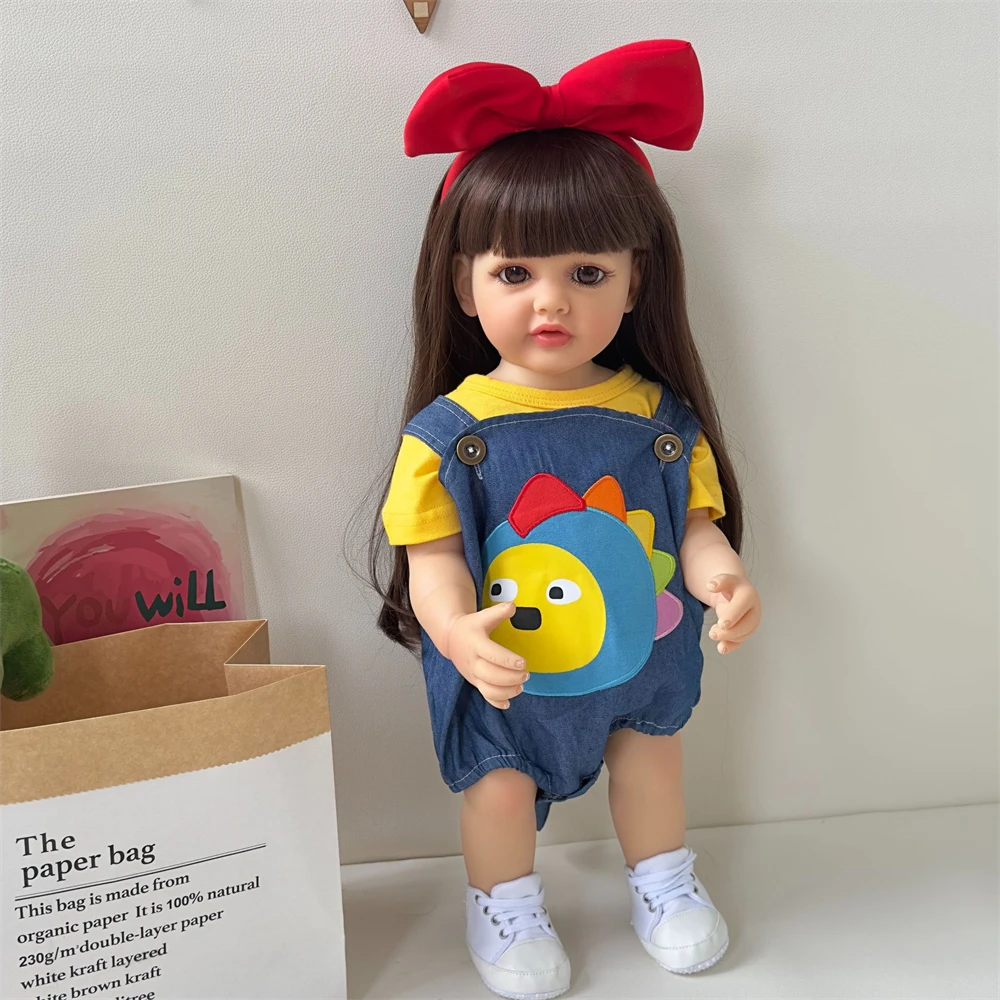 Cute 22 Inch Reborn Baby Doll with T-shirt Denim Strap Pants Safety Material Lifelike Full Vinyl Pretend Play Toys