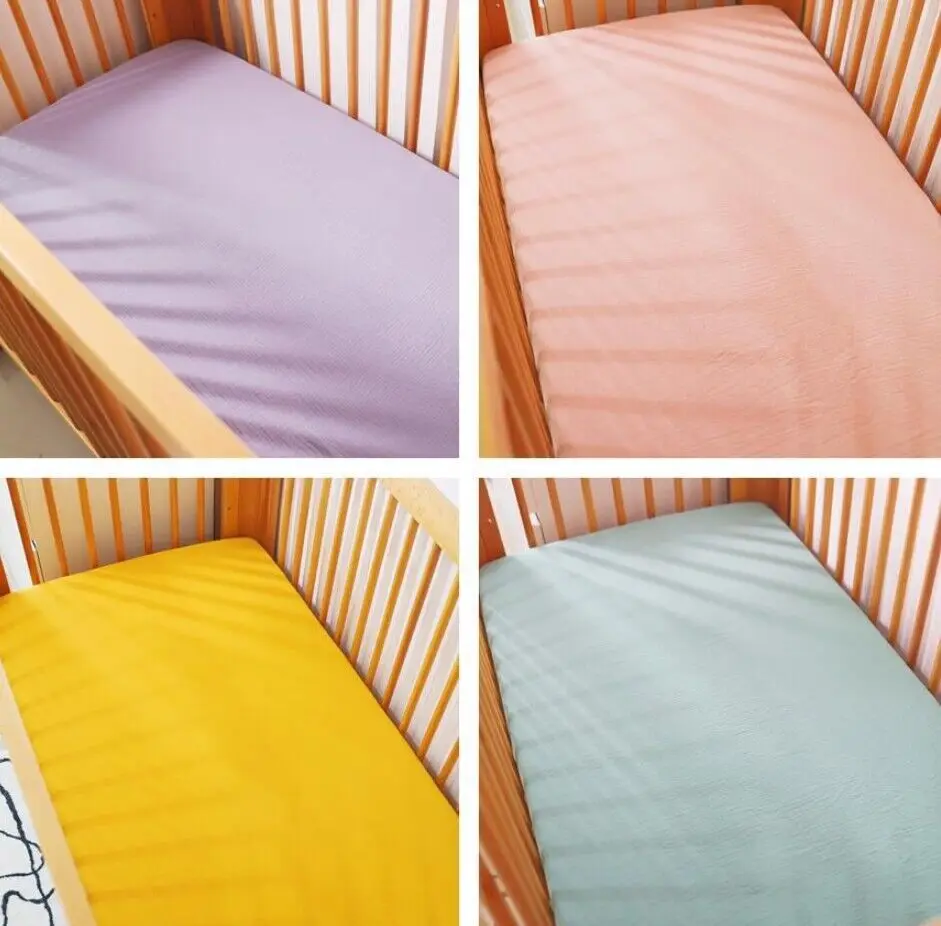 High Quality Baby 100% Cotton Muslin Yarn Fitted Crib Sheet Knitted Double Layer Cotton Neutral Yarn Soft Breathable Bed Sheet