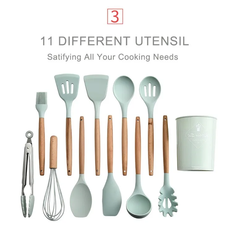 Kitchen Utensils Set 11Pcs Silicone Non-stick Barreled Cooking Utensils Set Silica Gel Utensil Wooden Handle Kitchenware Set