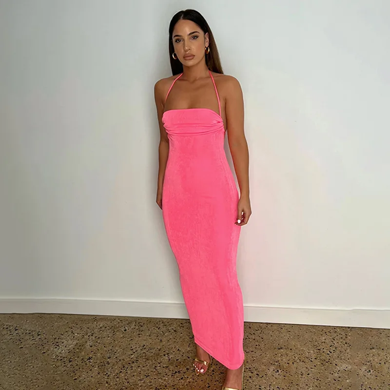 Summer 2023 Bodycon Maxi Party Dress Halter Neck Backless Sexy Club Dresses Women