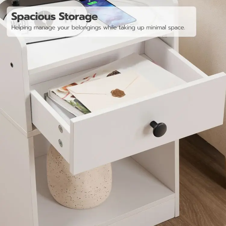 Modern White Wooden 1/2 Drawer Bedside Table Wooden Nightstand Bedside Table With Charging Station And Usb Ports For Bedroom