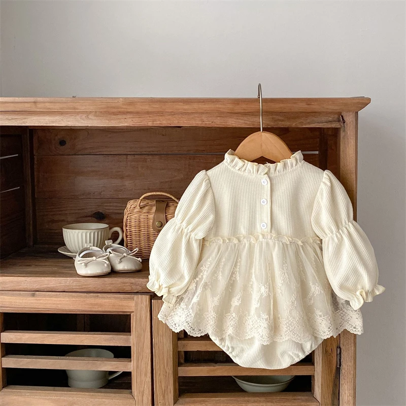INS Hot Sell Newborn Infant Romper Clothes Babies Long Sleeve Waffle Lace Bodysuits Toddler Baby Girls Fall Rompers