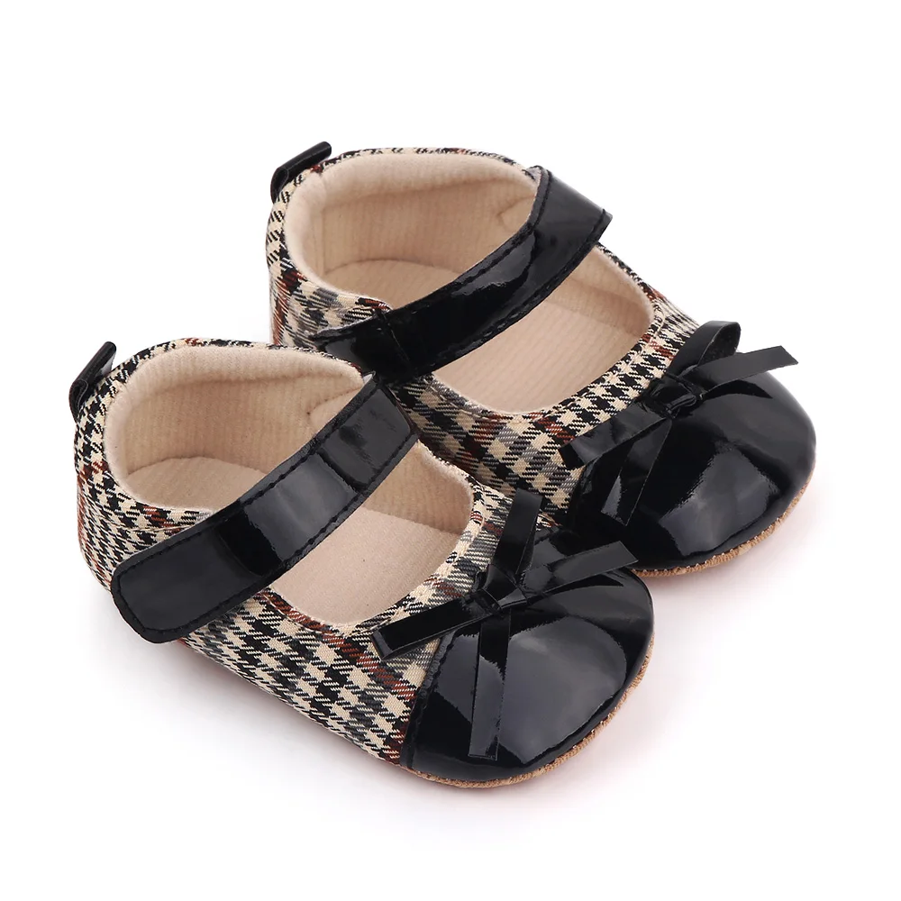 Baby Girls Cute Matching Plaid Solid Leather Bow Infants Soft Soled Princess Toddler Shoes factory