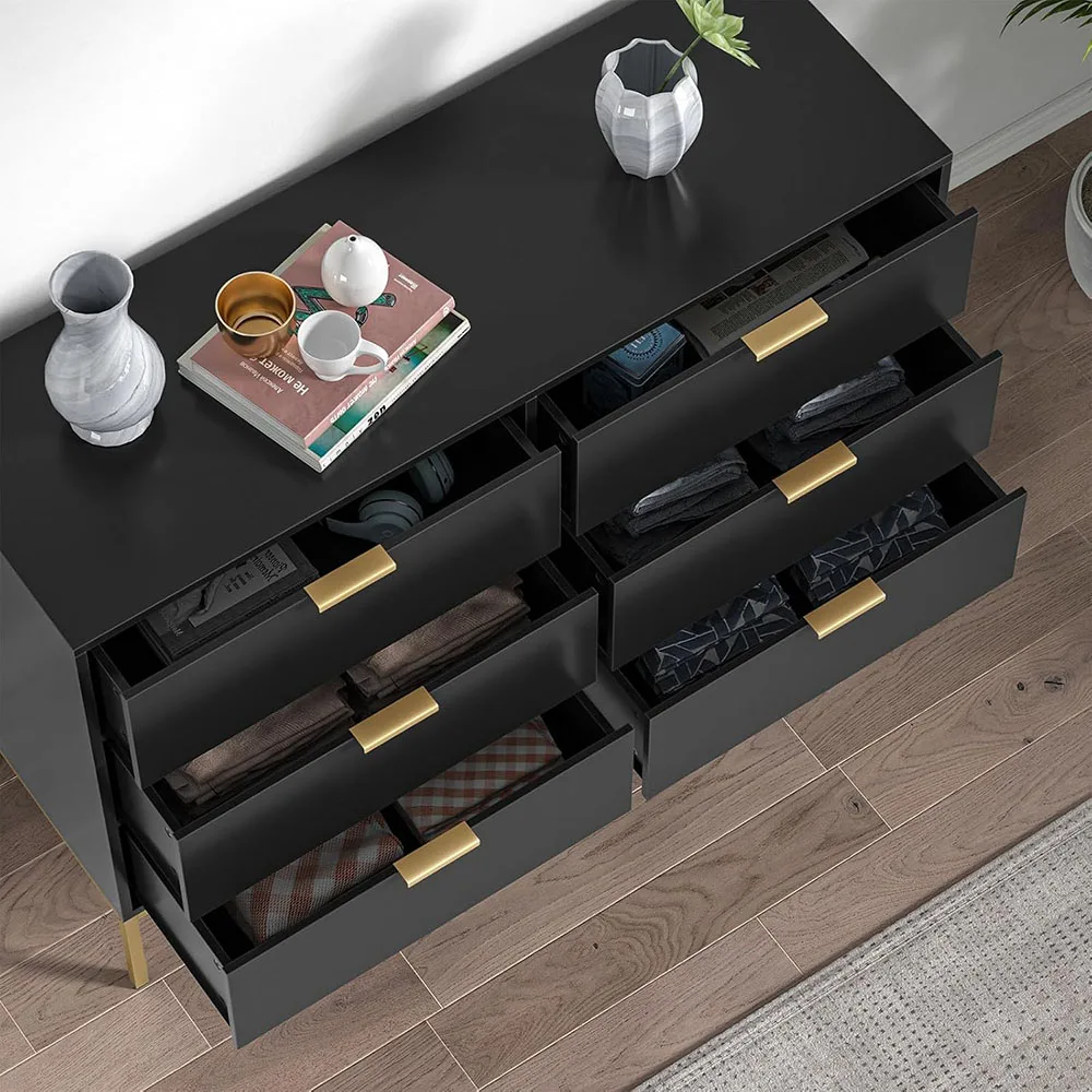 Modern 6-Drawer Dresser with Golden Handles Black Wood Storage Closet Organizers for Bedroom & Living Room supplier