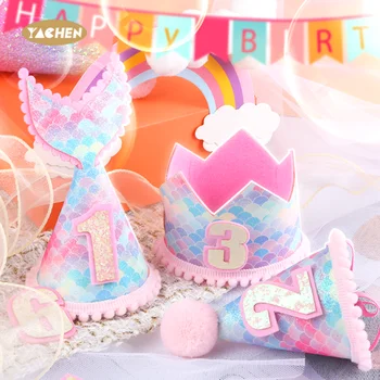 Yachen Lovely Mermaid Mermaid Tail Birthday Crown Felt Baby Girls First Birthday Hat Kids Birthday Party Decorations Supplies