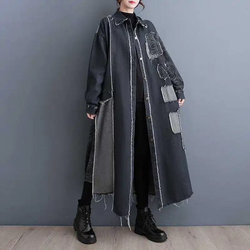 Boutique Wholesale 2025 Autumn New Loose Vintage Double Sided Washed Denim Craft Printed Spliced Women's Coats supplier