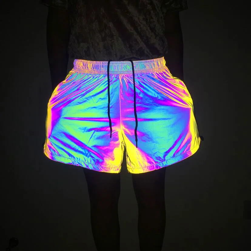 Custom Rainbow Light Reflective Shorts Elastic Waist Nightclub Stage Costume Men Casual Loose Hip Hop Shiny Short Pants