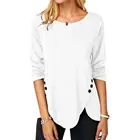 Cotton Wholesale Fashion Cotton Solid Color Button Tops Loose Fit Round Neck Long Sleeves Shirts For Women