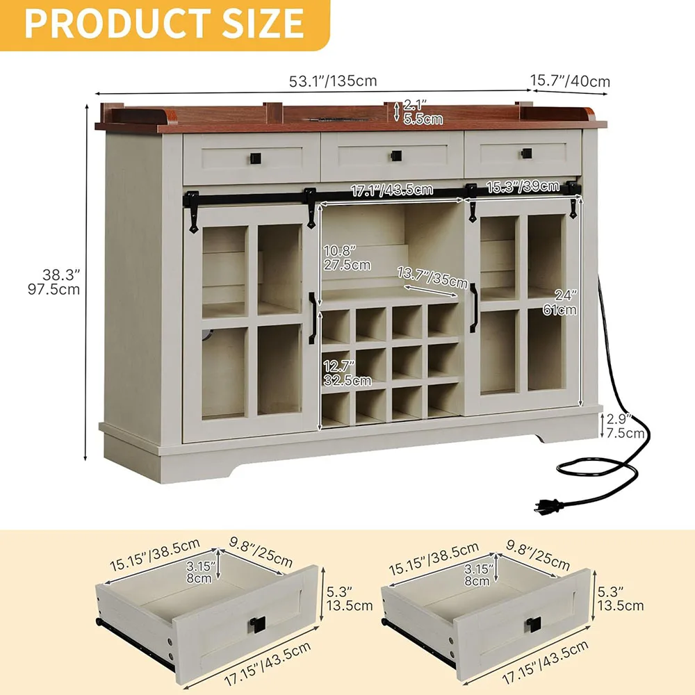 Antique Modern Wood Wine Bar Cabinet with Power Outlet 53" Living Room Storage Cabinet Featuring Wine & Glass Racks factory