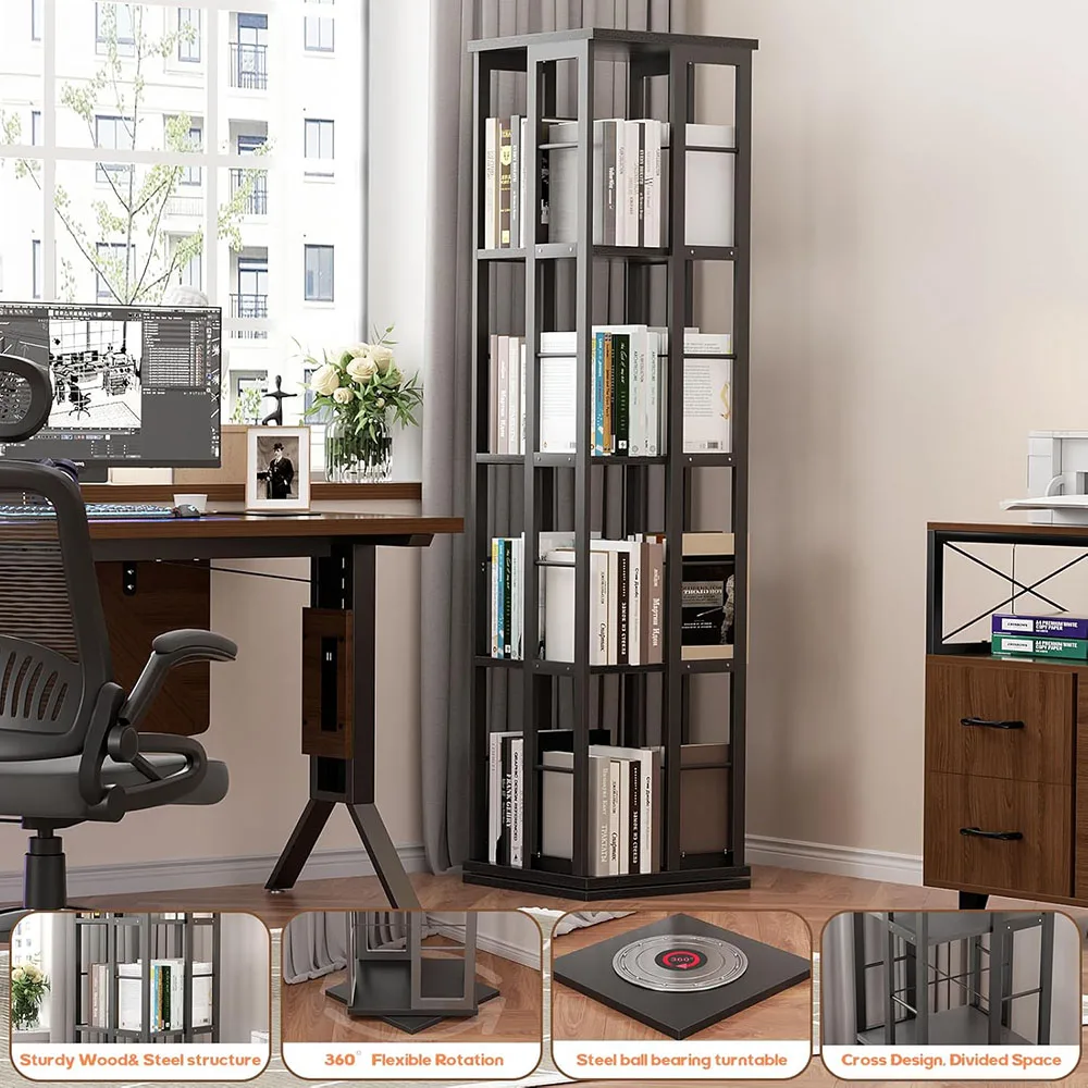 product 360 degree rotating bookshelf wood narrow space revolving organizer storage rack small bedroom floor standing bookcase display-4