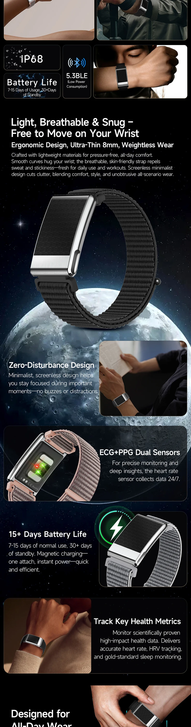 product 2026 new ecg smart bracelet e900 no screen ecg ppg hrv bmi heart rate oxygen body temperature app gband fitness tracker watch-6