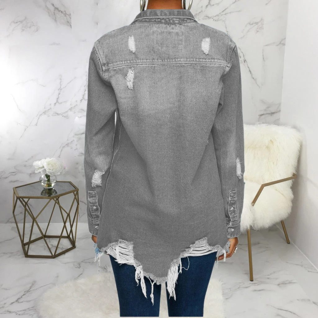 Hot Selling Women's Casual Long Sleeve Denim Shirts Loose Fit Ruffled Collar Solid Pattern Blouse Top Direct Wholesales factory