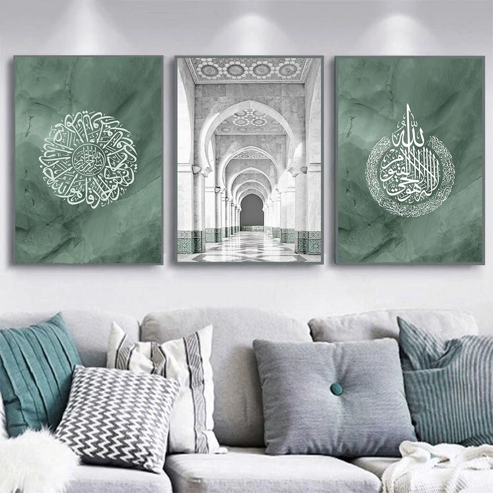 Living Room Decor Modern Wall Pictures Green Marbling Prints Calligraphy Posters Wall Art Islamic Home Decoration