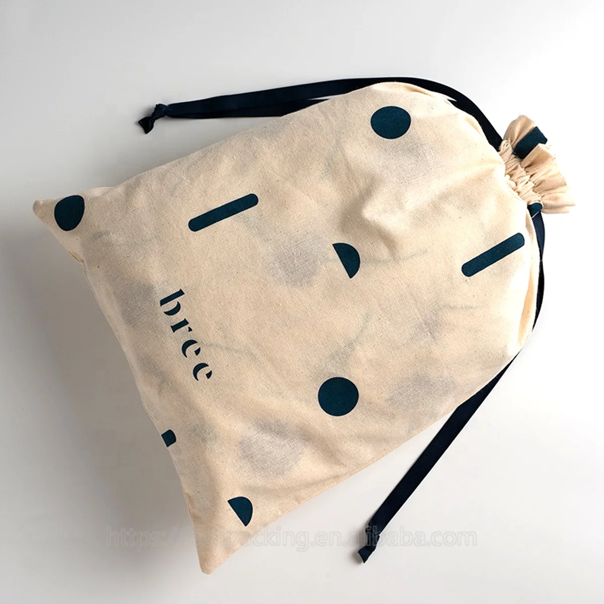 Custom Logo Printed Muslin Cotton Drawstring Christmas Gift Packing Bag Natural Organic Cotton Pouch With Ribbon