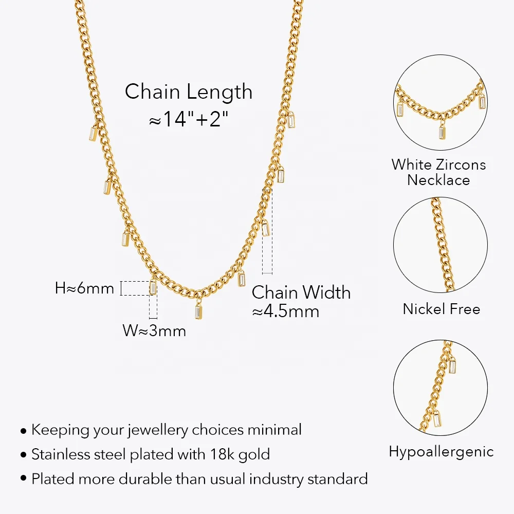 Latest 18K Gold Plated Stainless Steel Jewelry Cuban Chain Rectangular Zircon Charms Pendants For Women Party Necklace P233369