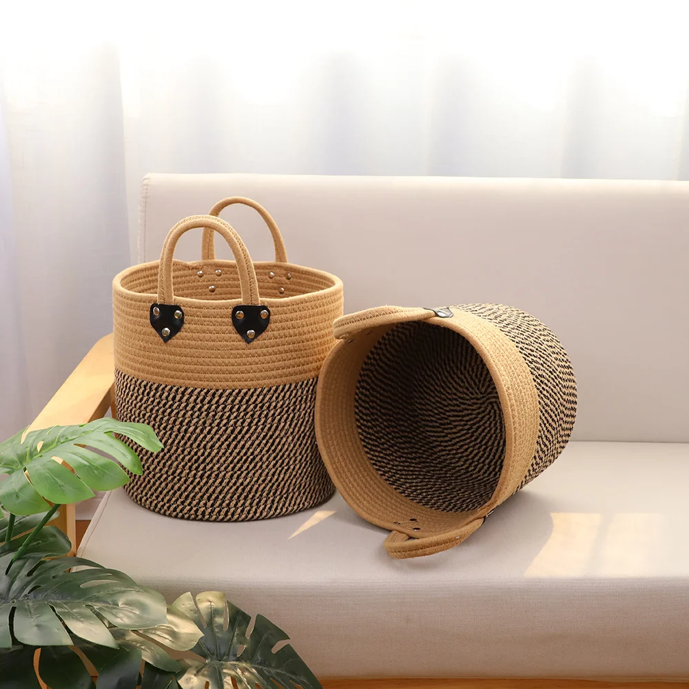 HUAYI Large Woven Cotton Rope Laundry Basket with Handles Decorative laundry Storage Basket