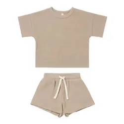 RTS Nordic Style Infant Summer Short Sleeve Lace-up Shorts Waffle Stripe Clothes Outfits Toddlers Baby Boys Girls Clothing Sets