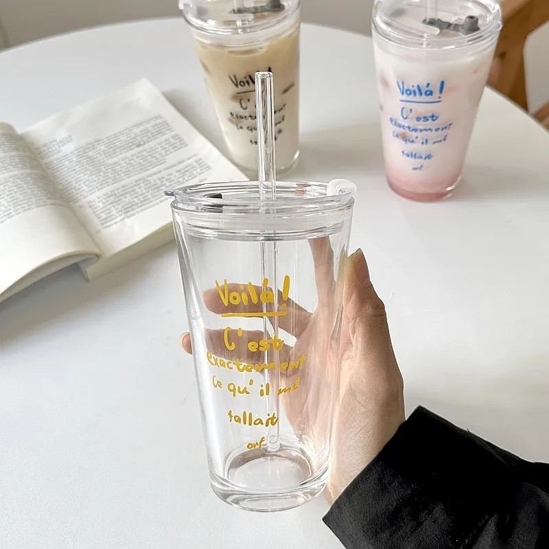 480ml juice coffee ice cold drinking glass cups with lid and glass straw OEM wholesales glass cup set