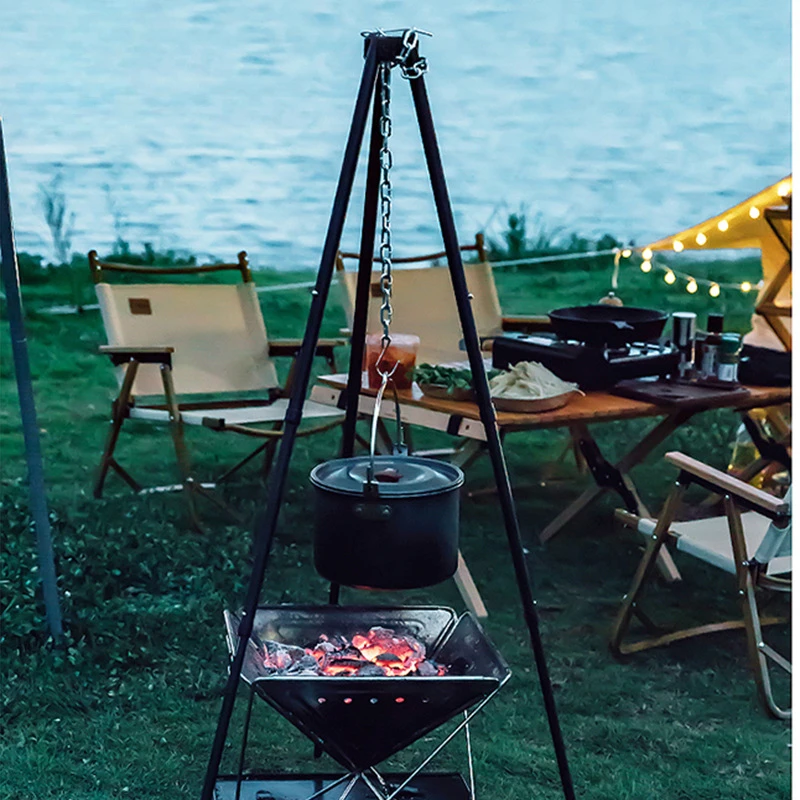 3 Sections Outdoor Camping Cooking Stand Durable Aluminum Alloy Tripod Hanging BBQ Grill for Campfire Picnic
