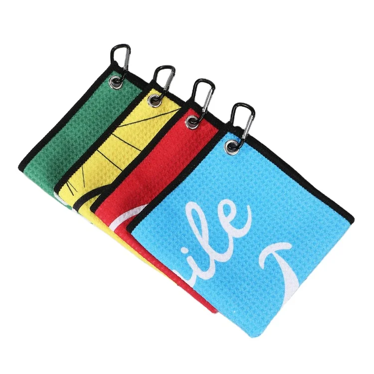 Cheap Wholesale Portable Outdoor Customize Digital Print 380gsm Waffle Wave Pocket Size With Hook Golf Towel