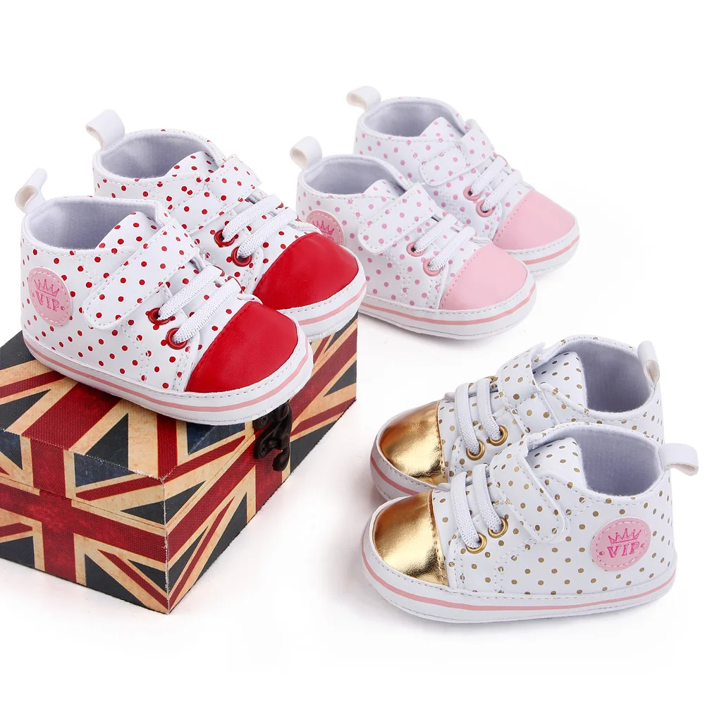 Color Matching High Top Round Polka-dot Soft Sole Non-slip Baby PU Casual Toddler Shoes factory